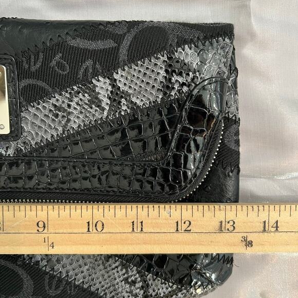 Bebe Multi Textured Black Leather Large Zip Clutch Wrist Strap Tassel Zip 7x13”